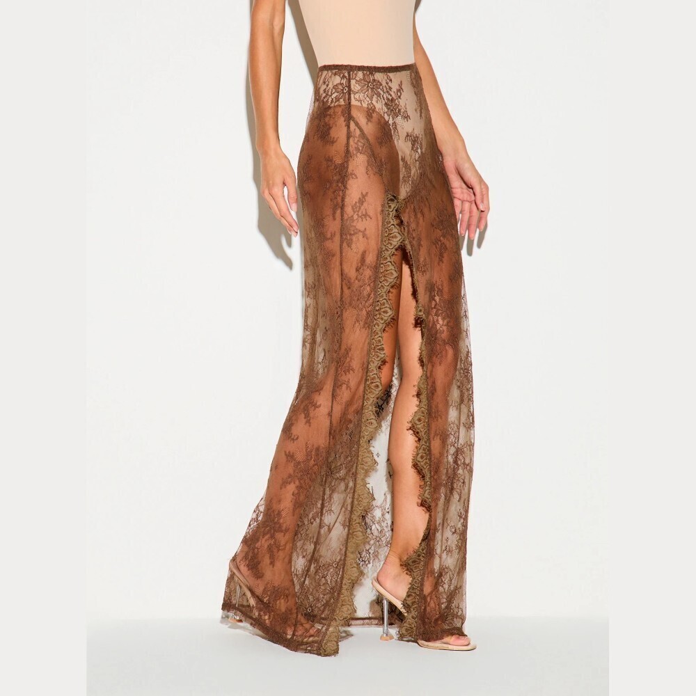 Brown Ultra Sheer Floral Lace High Slit Cover Up Maxi Skirt